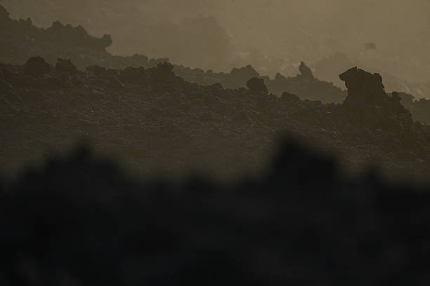 A surreal, almost abstract image of rugged volcanic rock formations captured during the golden hour in Lanzarote. The silhouette-like shapes of the rocks, combined with the soft hazy light, evoke a mysterious and otherworldly landscape.
