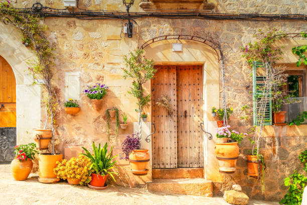 wall with traditional flower pots in old town of Valdemossa, Majorca, Spain
