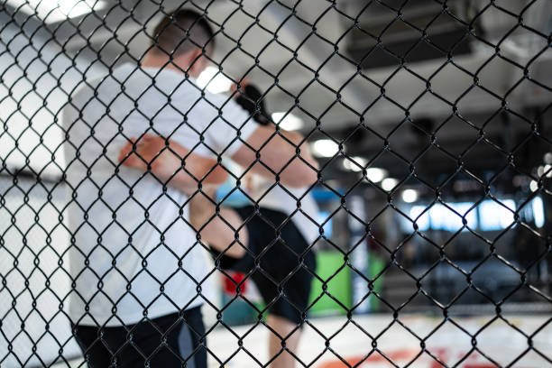 istock Mixed Martial Arts Practice in a Caged Training Area During a Sparring Session 2205397863