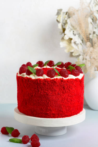 istock Red Velvet Cake with Raspberries and mint. 2205403191