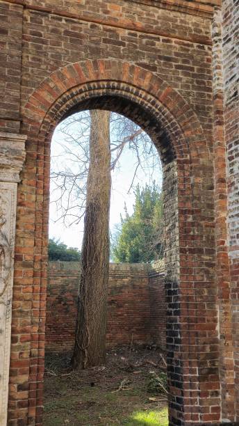 istock A weathered brick archway frames a leafless tree in a walled courtyard. The aged bricks and creeping vines add a sense of history, while sunlight filters through. 2205424689