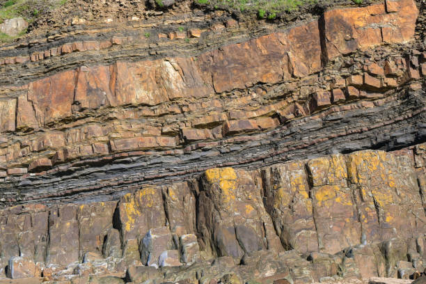 Layers of rock strata on a cliff face. No people. Backgrounds.