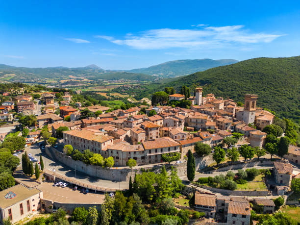 Aerial view of Corciano, medieval town in Umbria from drone