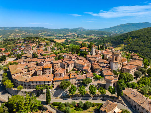 istock Corciano, Italian medieval town from drone 2205435746