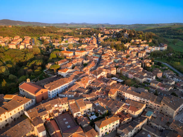 istock Asciano, Italian medieval town from drone 2205435747