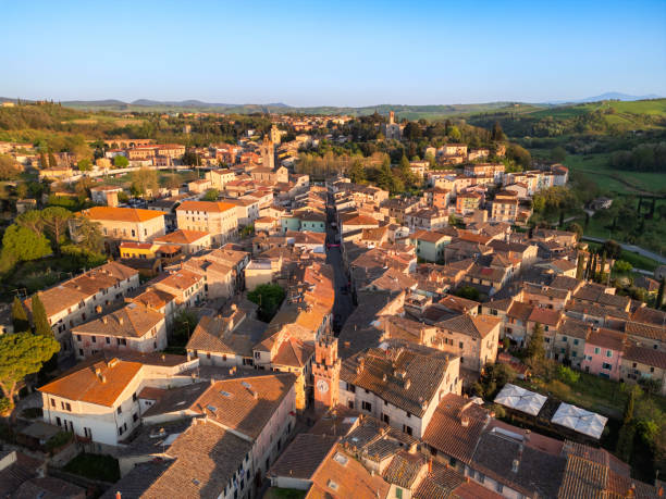 istock Asciano, Italian medieval town from drone 2205435756
