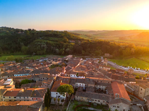 istock Asciano, Italian medieval town from drone 2205435774
