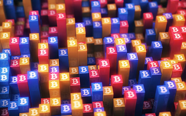 istock Abstract Background with Bitcoin Symbol on Red Blue Yellow  Squares 2205446632