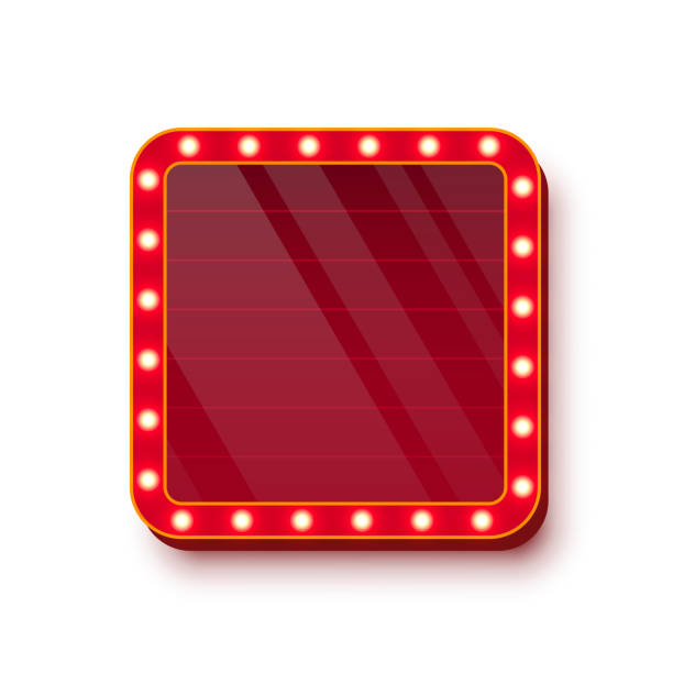 Retro casino light sign with red glass surface and golden bulbs around edges on white background. Circus, cinema, theater banner with place for text. UI interface element. Vector illustration.
