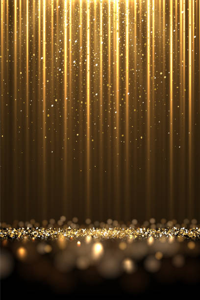 istock Golden silk fabric luxury background. Gold vertical draped satin cloth texture curtain on glitter confetti floor. Smooth shiny drape material curtain. Realistic modern vector banner 2205447443