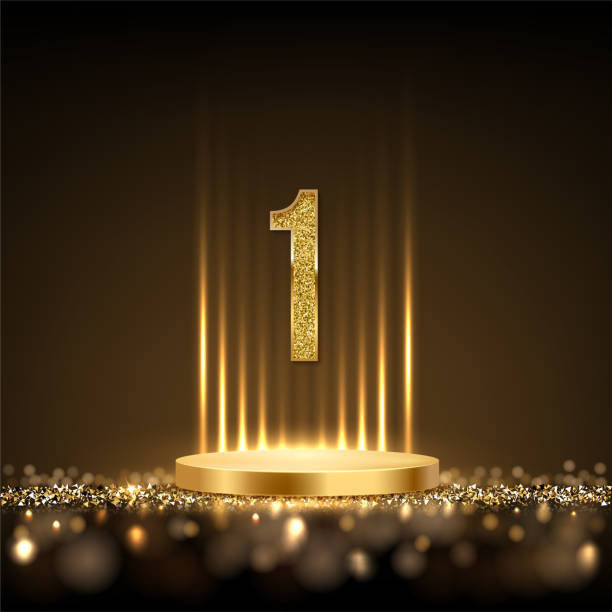 istock Gold award podium with glowing light rays and number 1 isolated on black background with glitter and confetti. Winner ceremony. Abstract vector illustration 2205447476