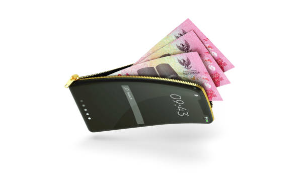 istock Online mobile money wallet concept. 3D rendering of Indonsian rupiah notes inside smart phone isolated on white background. money coming out of purse 2205453375