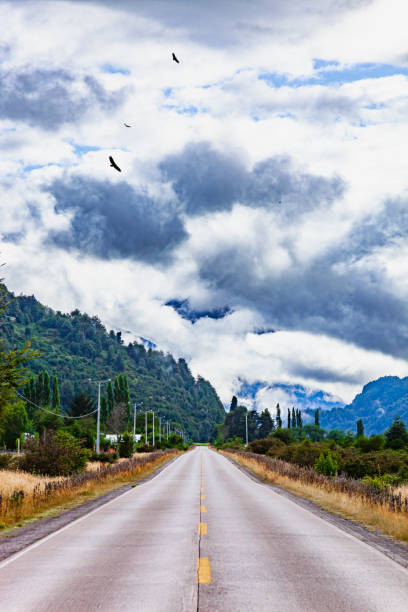 Beautiful highway The legendary Carretera Austral. Beautiful asphalt highway. The magnificent Andes on the horizon are covered by clouds. carretera austral chile stock pictures, royalty-free photos & images