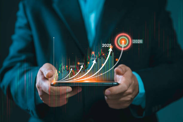 istock Business man hold the tablet with plan growth increase of positive indicators graph in his business. Planning of business, Graph growth to success. Stock market value. Opportunity. Digitals marketing. 2205458170