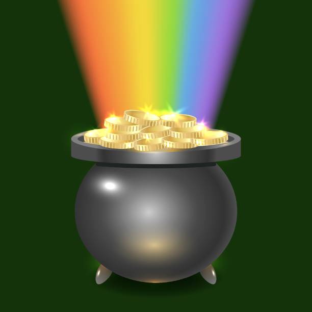 istock Gray cauldron, golden coins, rainbow on dark green background. Vector isolated illustration with copy space 2205469124