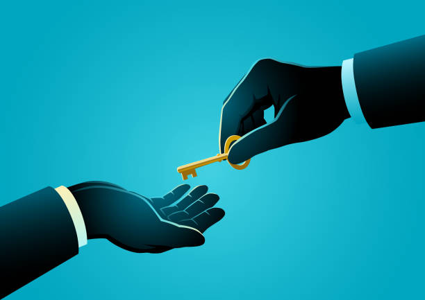 Businessman Silhouette Hand Giving Golden Key One businessman's hand passing a golden key to another, representing succesor, trust, and mentorship. Conveys themes of business transactions, real estate deals, and career growth legacy concept stock illustrations