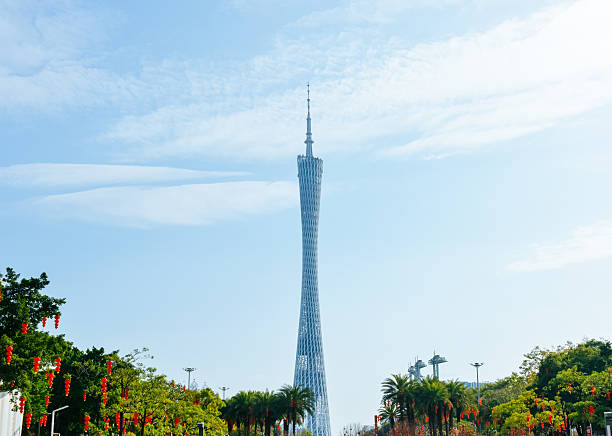 Clouds drifting across the blue sky over the iconic Canton Tower in Guangzhou, China. This landmark, located in the financial central business district (CBD), surrounded by office buildings, making it a renowned travel destination.