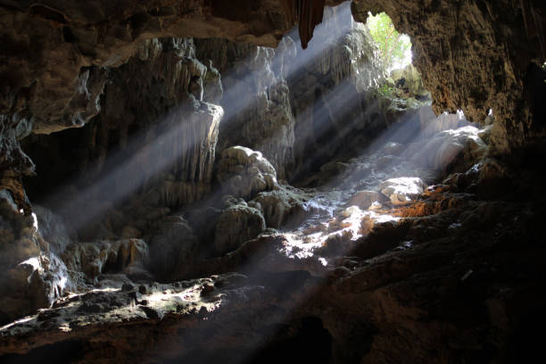 istock Sunlight streaming through a cave entrance, illuminating stalactites and rock formations in Ha Long Bay 2205470741