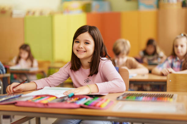 Happy elementary student having a class at school and looking at camera.