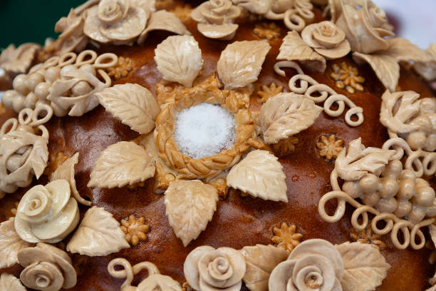 istock Decorated fresh loaf with salt. Ukrainian and Russian wedding traditions 2205474547