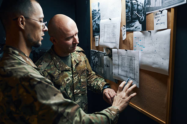 istock Reviewing Military Plans on Bulletin Board During Briefing 2205475522