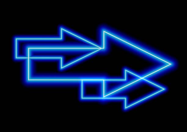 3d illustration of abstract blue neon light arrow sign on black background
