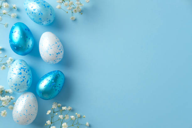 Blue and white Easter eggs with speckled patterns and white flowers on a light blue background. Flat lay, top view, copy space