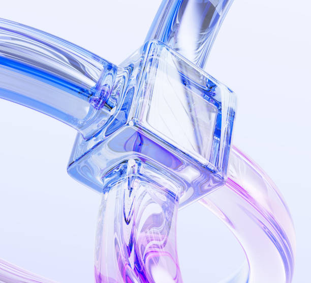 istock Gradient abstract glass 3d background. Crystal holographic transparent cube connected to lines. Blue and pink geometric shape with rainbow light texture. Render digital tech banner 2205477436
