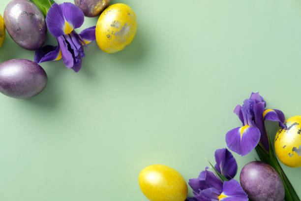istock Flat lay composition with metallic painted Easter eggs and iris flowers on pastel green background, space for text. 2205477526