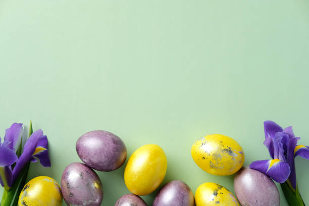 istock Flat lay purple and yellow Easter eggs decorated metallic paint, and iris flowers on pastel green background. Happy Easter concept 2205477590