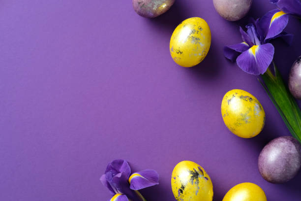 istock Vibrant Easter composition with yellow and purple eggs and purple irises on a purple background. Flat lay, top view, copy space 2205477658