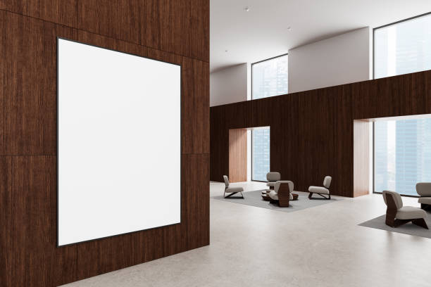 istock Modern interior with empty poster on wooden wall. 3D Rendering 2205478250