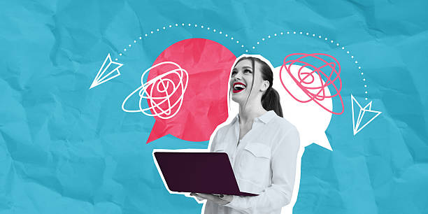 istock Woman with laptop and speech bubbles on crumpled blue background 2205478722