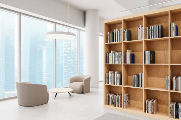 istock Modern office lounge with bookshelf and city view. 3D Rendering 2205478858