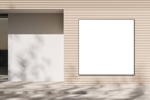 istock Blank poster mockup on modern building facade with striped wooden paneling. 3D Rendering 2205478900