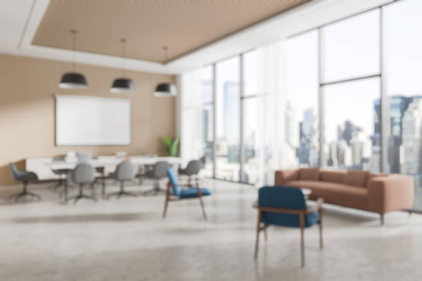 istock Modern office interior with conference table and city view. 3D Rendering 2205478925