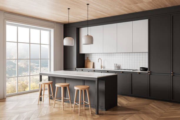istock Modern minimalist kitchen interior with large window and stylish furniture. 3D Rendering 2205478954