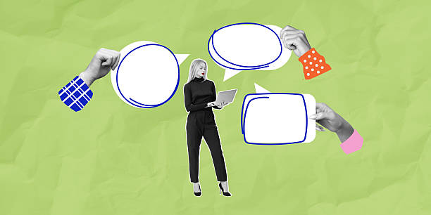 istock Woman with laptop and speech bubbles on green background. 2205478990