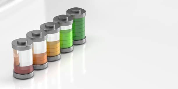 3D rendered batteries lined up from fully charged to fully discharged. Clipping path, large copy space and white background.