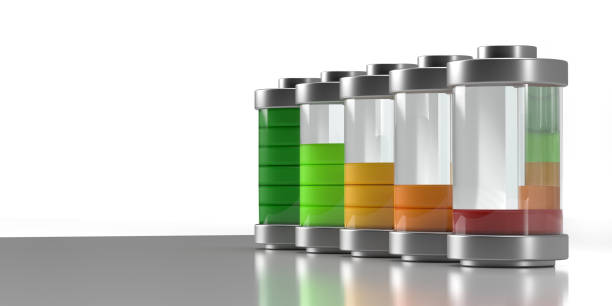 3D rendered batteries lined up from fully charged to fully discharged. Clipping path, large copy space and white background.
