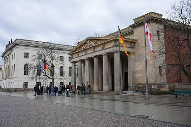 Editorial photo showing a wide-angle view of the German Bundesrat building in Berlin, the legislative body representing the federal states. The image features the front facade with classical columns, the word \
