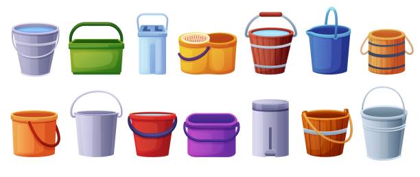 istock Different cartoon buckets. Plastic metal bucket with water and empty. Closed waste and mop containers, cleaning service and garden equipment, nowaday vector set 2205491946