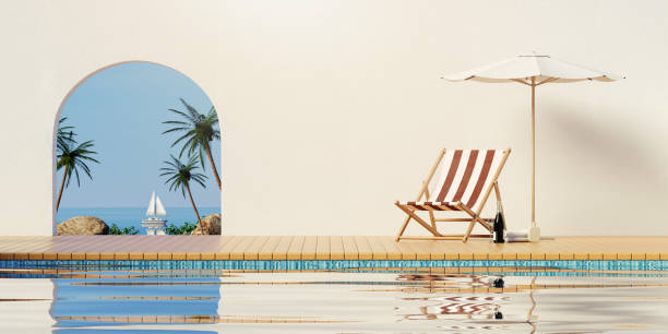 istock Elegant Summer Scene with Pool View and Striped Chair, 3D render illustration 2205492488