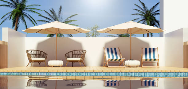 istock Charming Poolside Retreat with Lounge Seating, 3D render illustration 2205492550