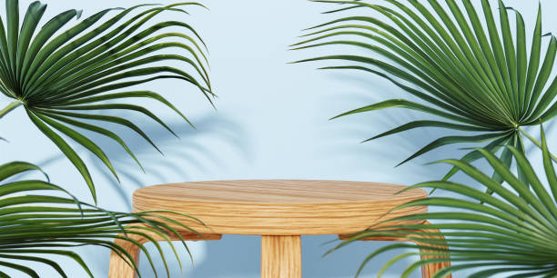 istock Tropical Greenery with Wooden Table, 3D render illustration 2205492613