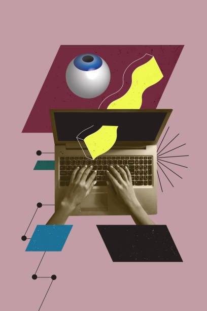 istock Template sketch trend artwork 3D collage of anonymous hands type laptop eyeball watch security spy cyberspace vacancy worker business hr 2205494630
