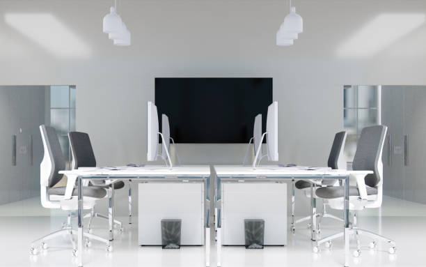 istock Contemporary office layout with dual workstations and modern technology, 3D render illustration. 2205494722