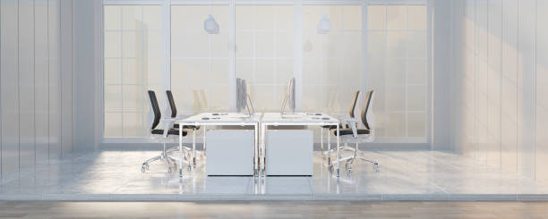istock Bright and spacious office setup with sleek furniture and large windows, 3D render illustration. 2205494800