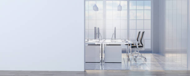 istock Minimalist office interior with clean lines and ample sunlight, 3D render illustration. 2205494828