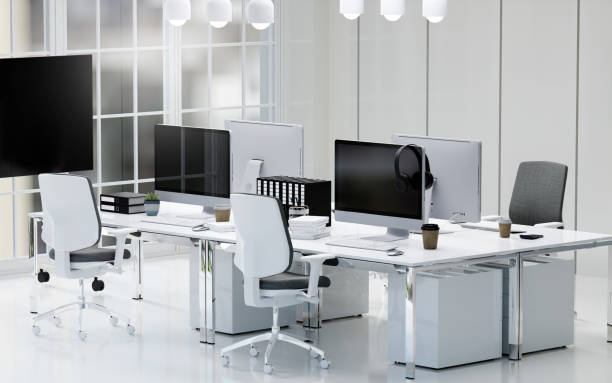 istock Modern and sleek office workspace with stylish furniture, 3D render illustration. 2205494871